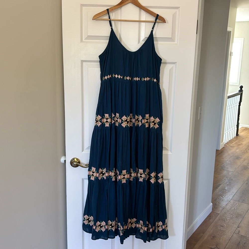 EUC ROLLER RABBIT Navy Blue Embroidered Tiered Sundress Maxi Dress Anthropologie